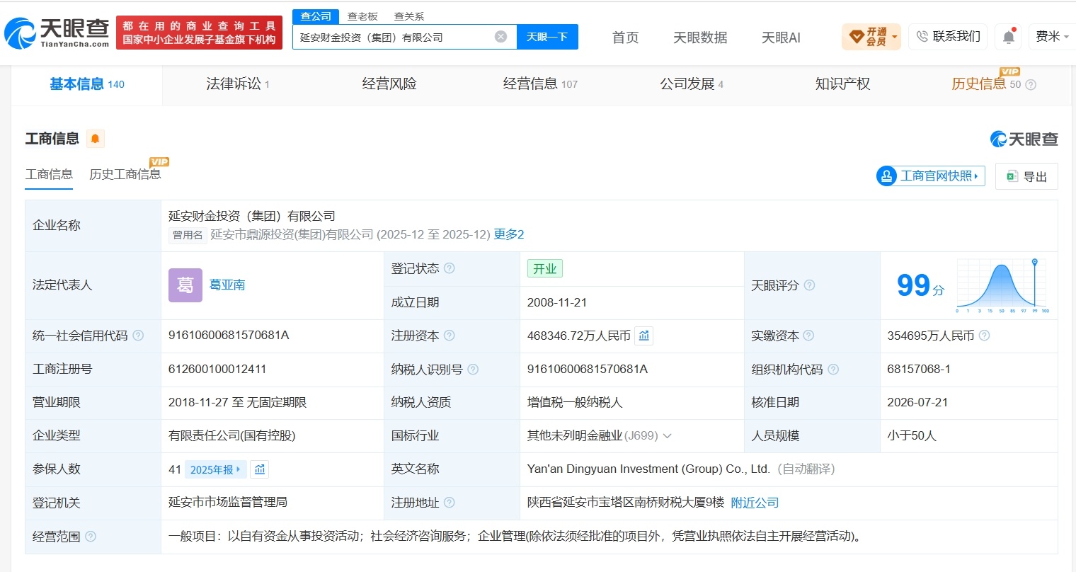 【延安财金投资集团增资至46.8亿 增幅约32%】财报研究社Pro讯，天眼查 A
