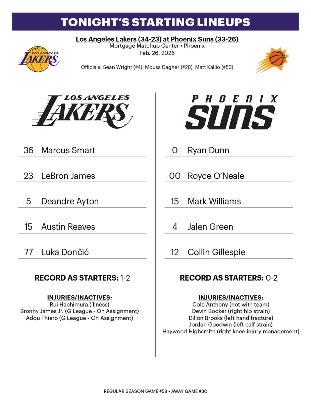 今日首发。湖人