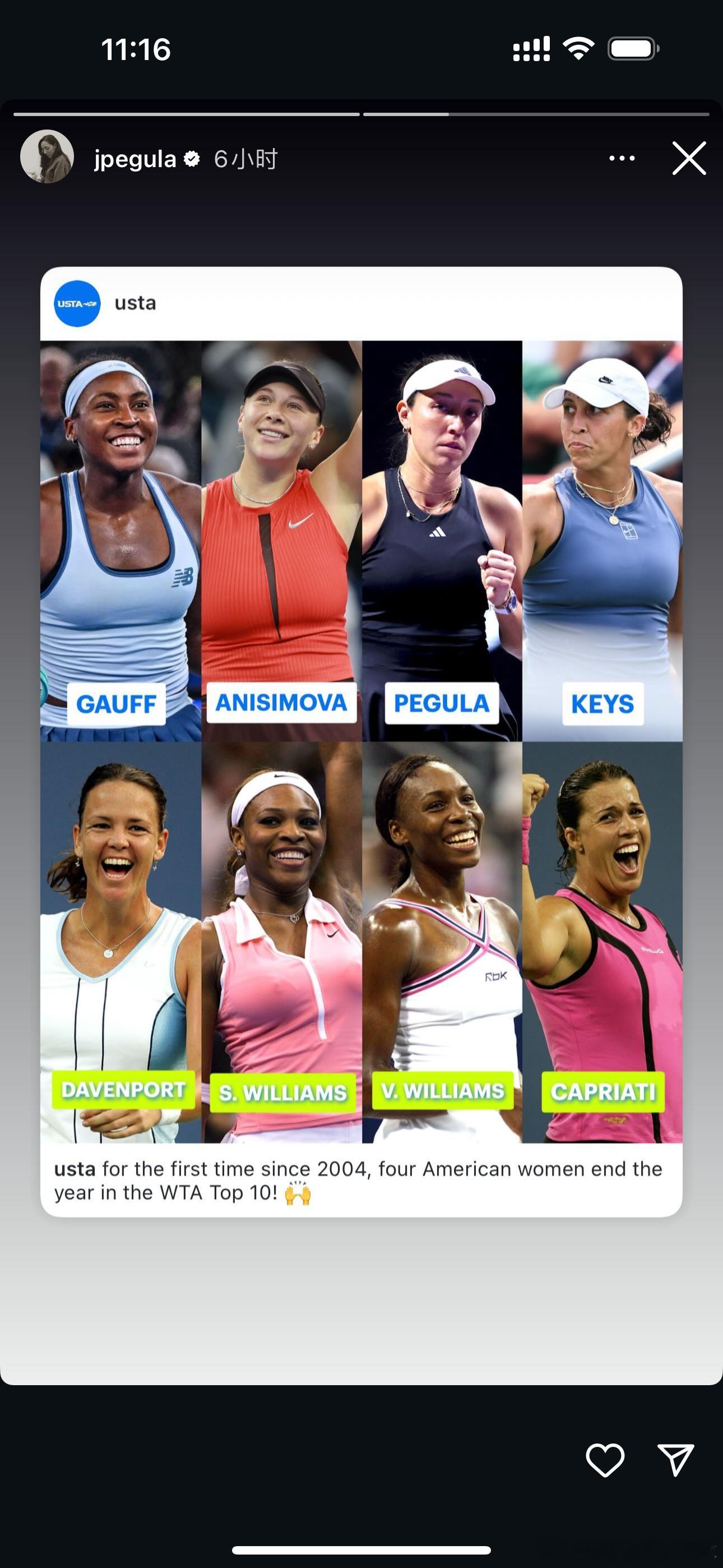 佩古拉开心美国四将年终排名前10佩古拉ins动态转发，自2004年以来，WTA年