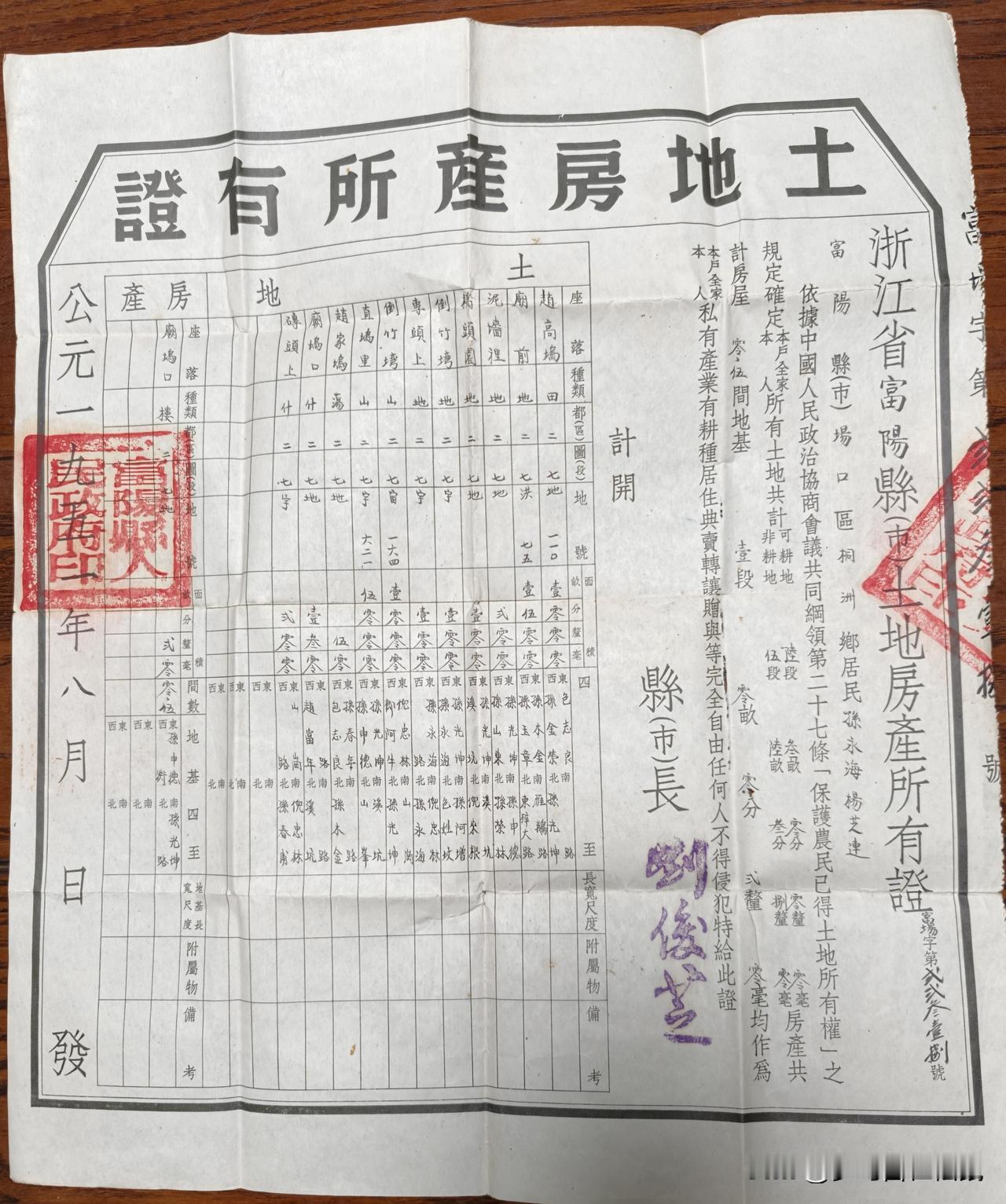 新中国第一代《土地房产所有证》价值怎样？

这是一张1951年浙江省富阳县颁发的