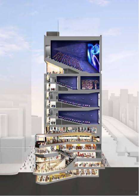 看到一张东京Grand Cinema Sunshine的建筑剖面效果图，很有趣这