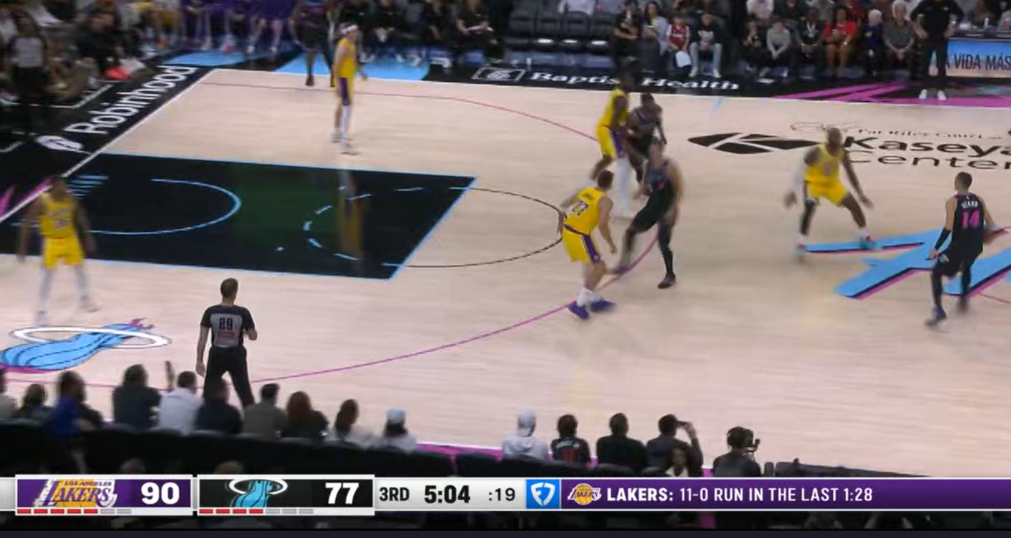 东契奇造成鲍威尔犯规，三罚全中，湖人11-0高潮！湖人vs热火