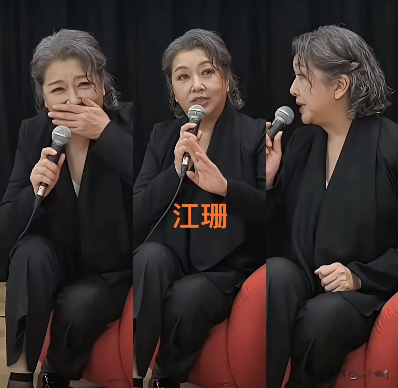 58岁的江珊优雅现身，一头灰白色波浪卷发，长度刚过耳，蓬松柔和，自带岁月滤镜。