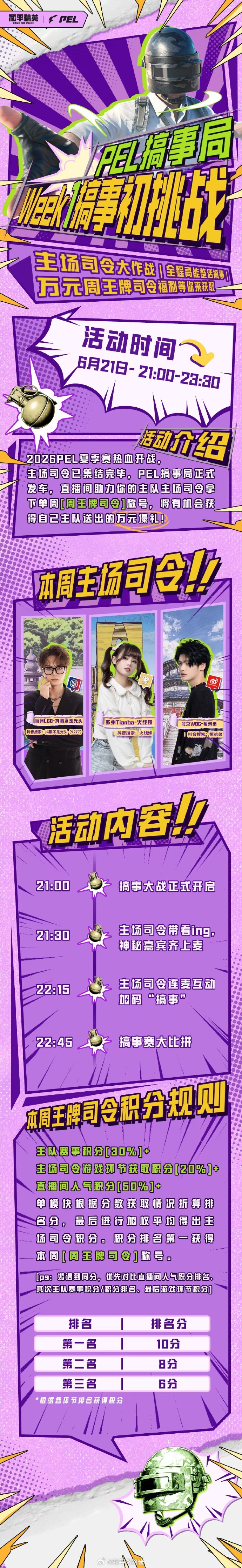 我来PEL上主桌PEL搞事局今晚9点 -11点，PEL搞事局正式开播🚨，三位司
