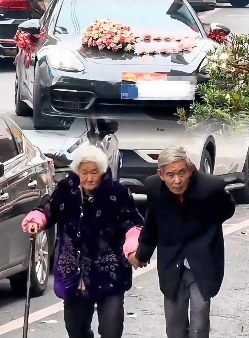 一位满头白发的爷爷
弯着腰
拉着白发如雪拄着拐杖的奶奶
慢慢往前走。


而他们