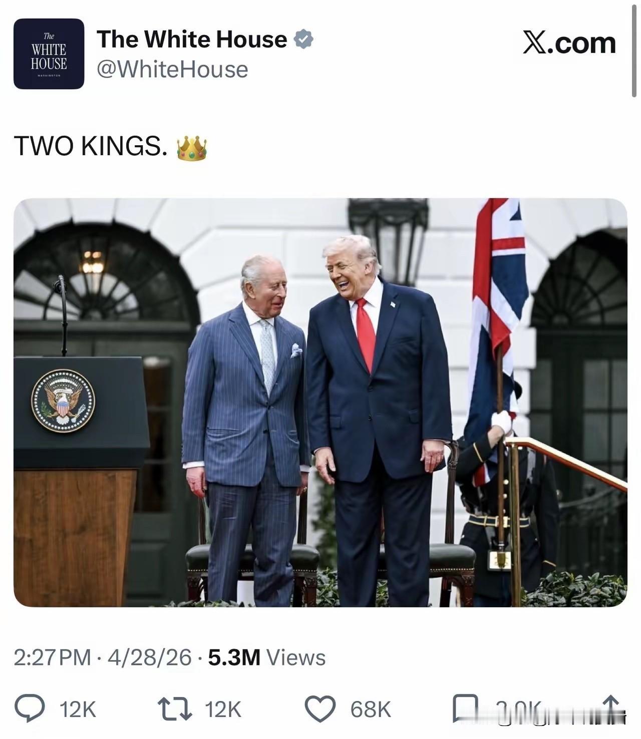 白宫这次操作真是让人笑掉大牙！英国国王查尔斯三世访美，白宫在社交媒体发了查尔斯和
