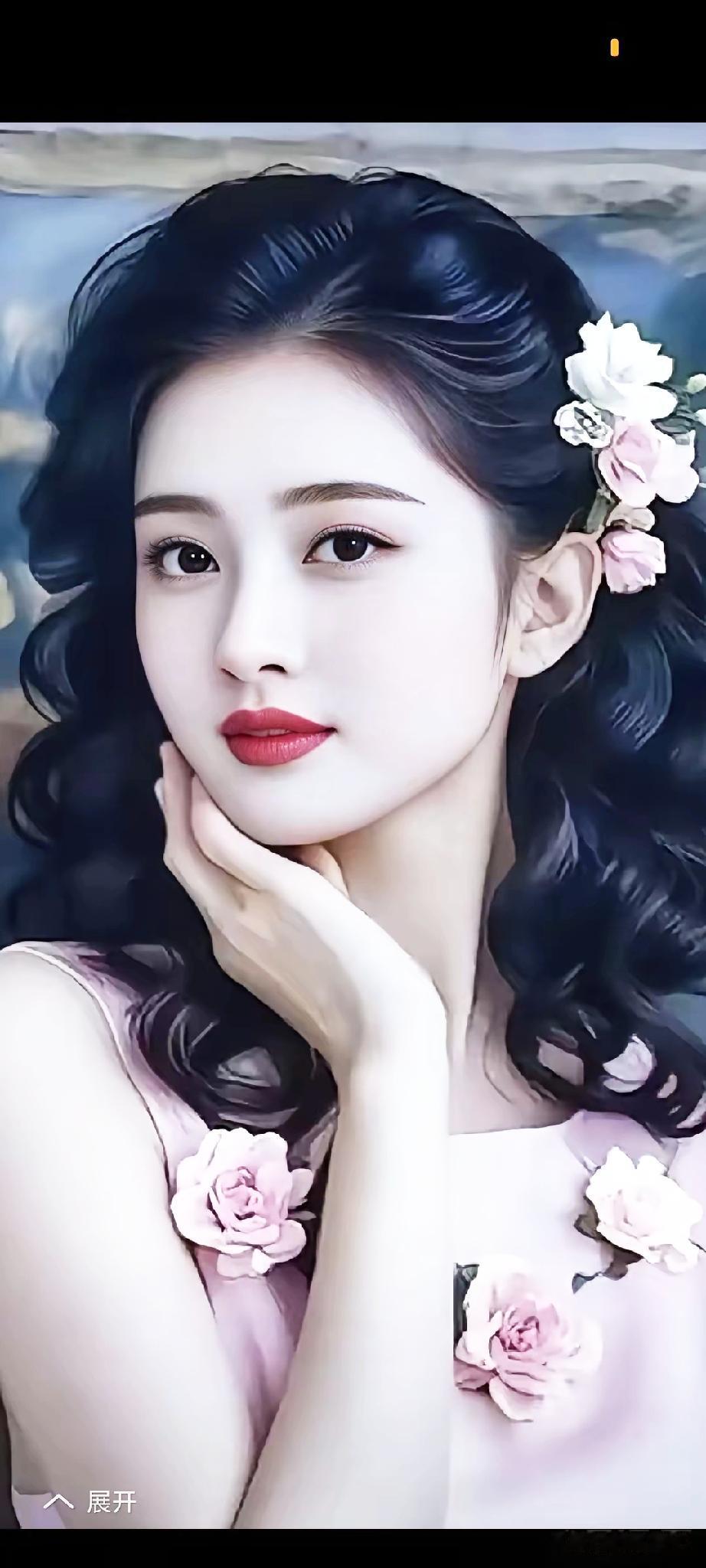 优雅复古风，粉色花朵点缀，红唇与黑发相映成趣，尽显迷人魅力。
