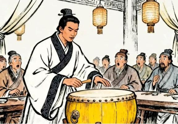 东汉末年，祢衡在曹操的宴席上表演击鼓，一时兴起却突然脱个精光，赤身裸体地故意面对