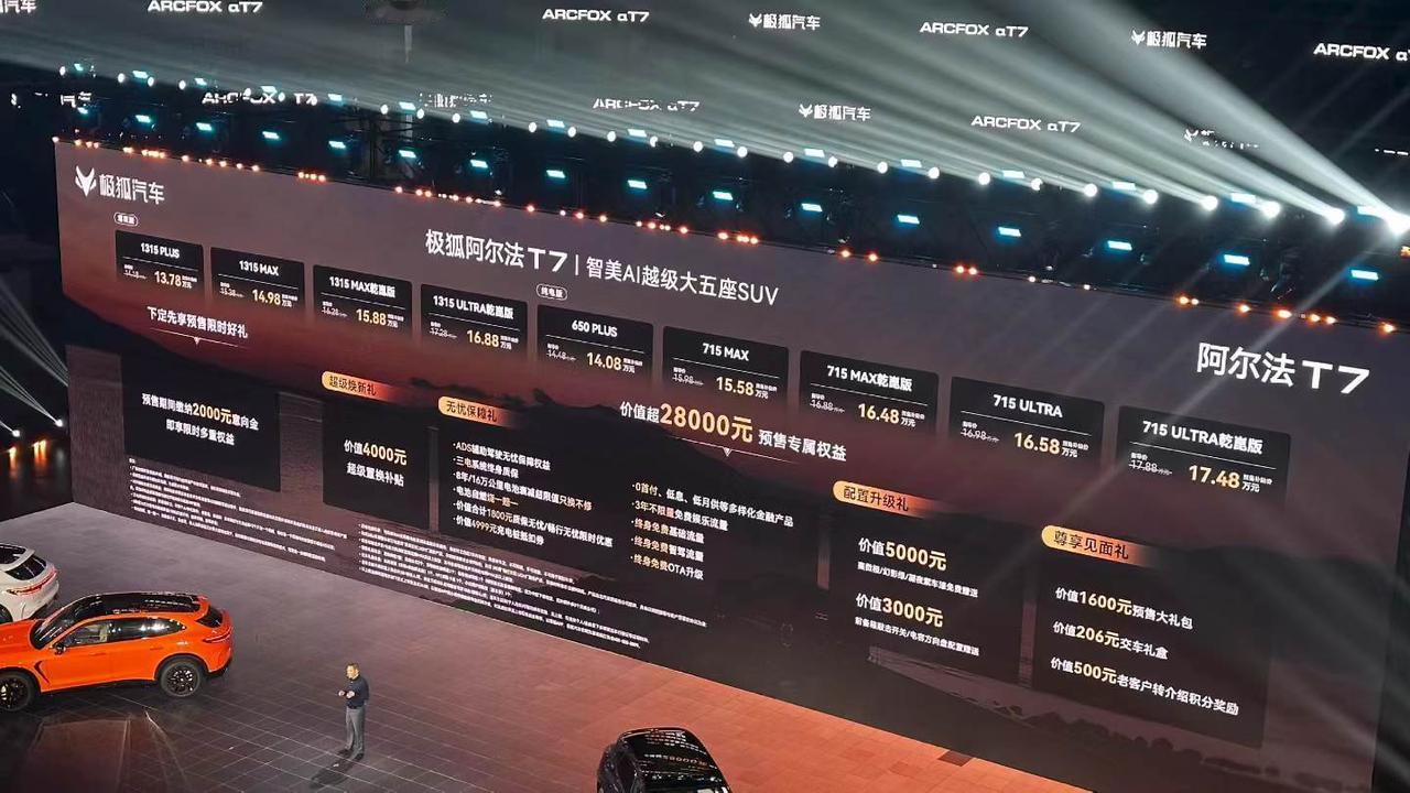 极狐阿尔法T7开启预售，13.78万起。超5米大五座，运动外观，715km续航，