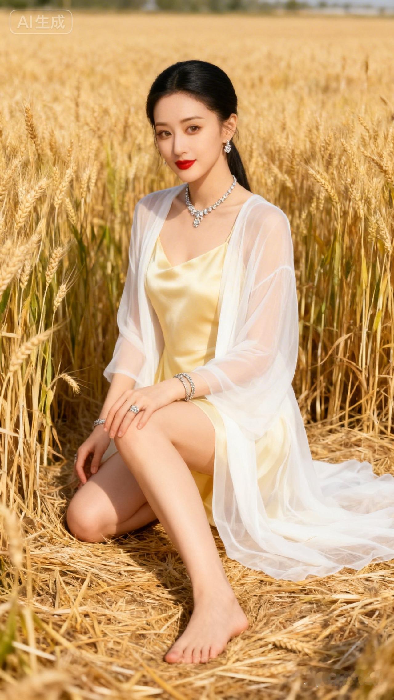 在金黄麦田中，她宛如仙子，轻盈飘逸。