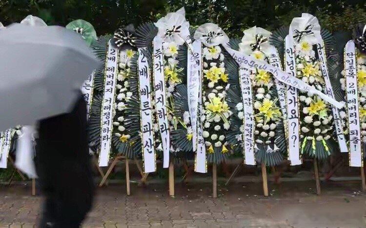 7月29日，韩国首尔汝矣岛国会大厦前摆放30余个白色吊唁花圈，挽联写有“废除单一