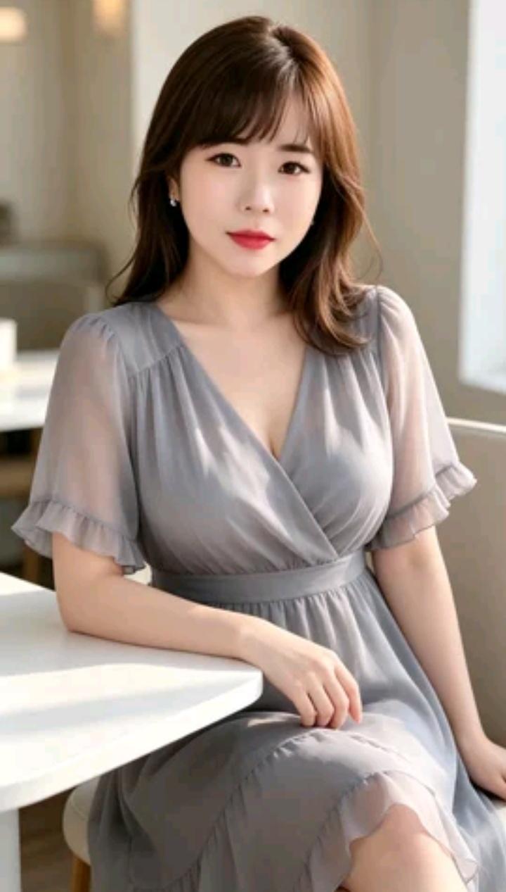 这位美女穿着灰色连衣裙，坐在咖啡馆里。绿色养眼风景分享 绿裙氛围感写真 灰色包臀