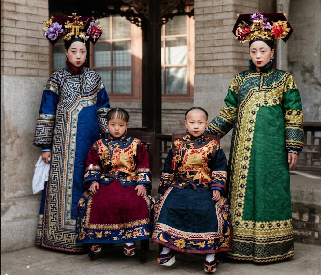 这张晚清的家族盛装合影，由著名旅京摄影师山本赞七郎拍摄。右一为婉容祖母（郭布罗·
