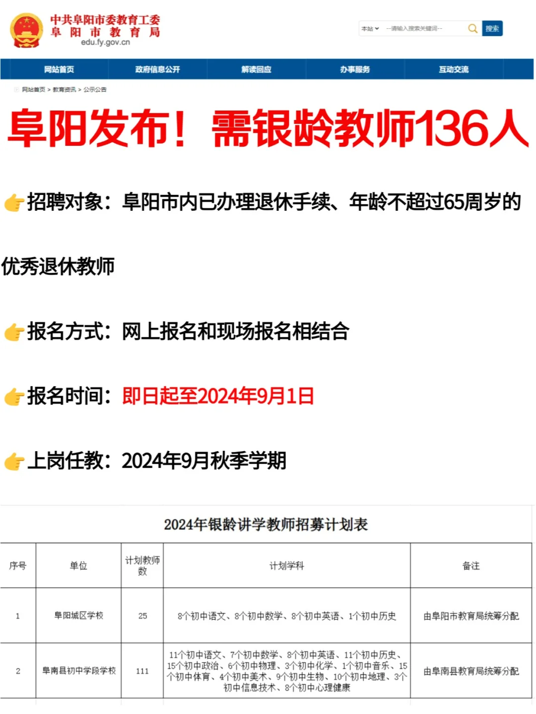 阜阳发布~需银龄教师136人