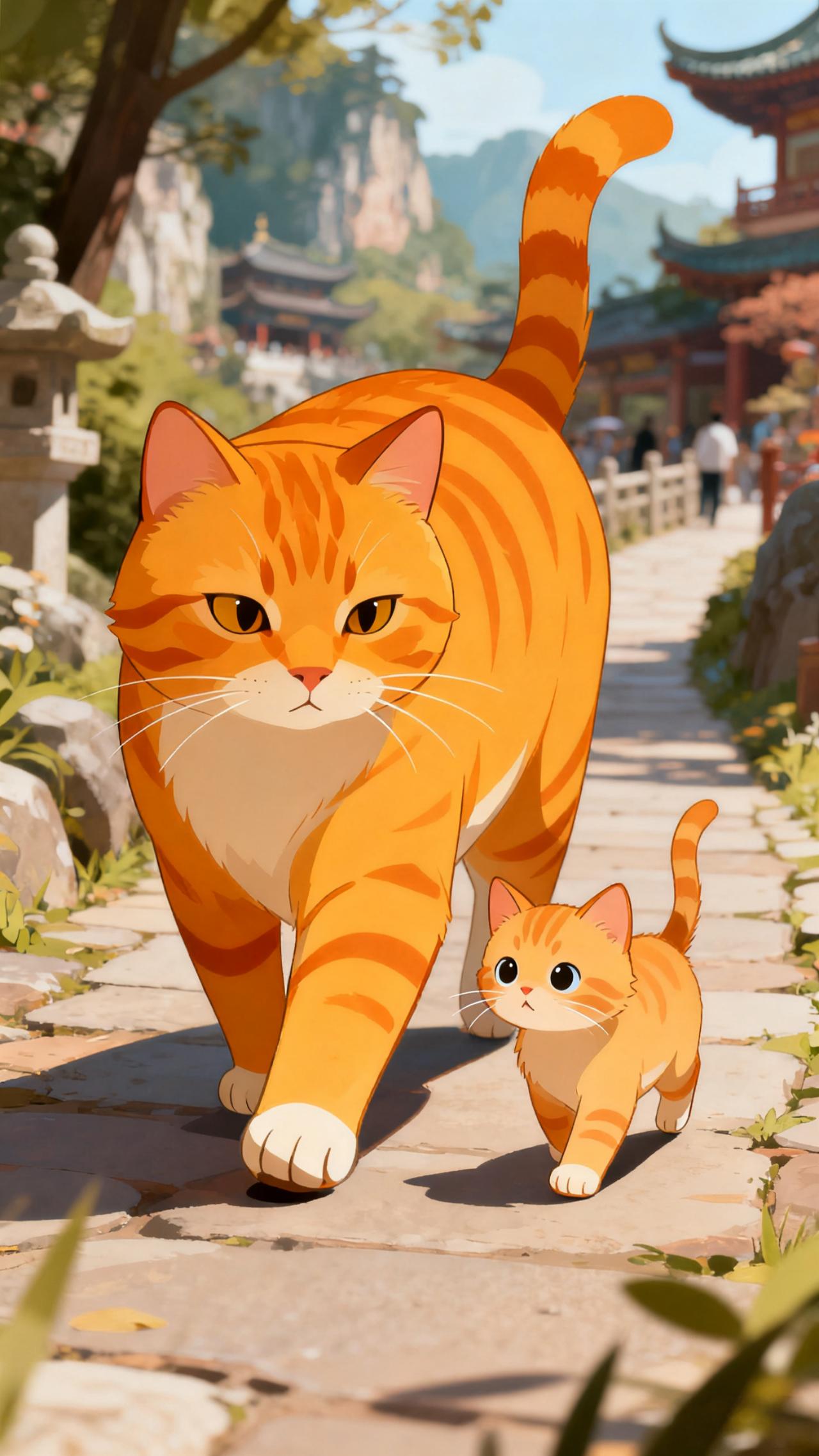 周末，大橘猫带着第一次出门的小橘猫逛景区。小橘猫对一切都充满好奇，不知不觉松开大