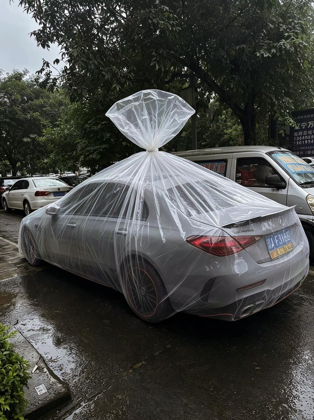 谁想出来的防雨妙招？整台车打包封死，暴雨随便泼

沈阳暴雨 车主脑洞 停车技巧