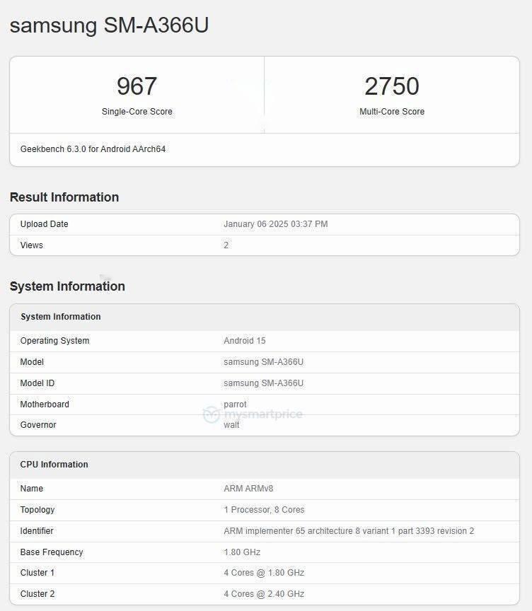 三星Galaxy A36 5G现身GeekBench，搭载骁龙6 Gen 3芯片