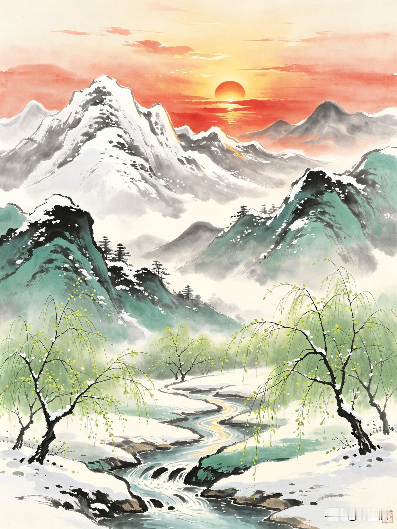 上联：春风扫尽千山雪
下联：旭日迎来万里霞