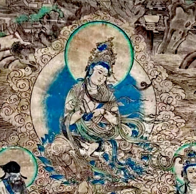 敦煌榆林窟壁画。敦煌榆林窟年代上比莫高窟稍晚一些，位于瓜州西南75公里的山谷，沿河东西两岸而建。从壁画中的古藏文题记和吐蕃人形象来看，吐蕃占领瓜州的中唐时期较为繁荣昌盛。