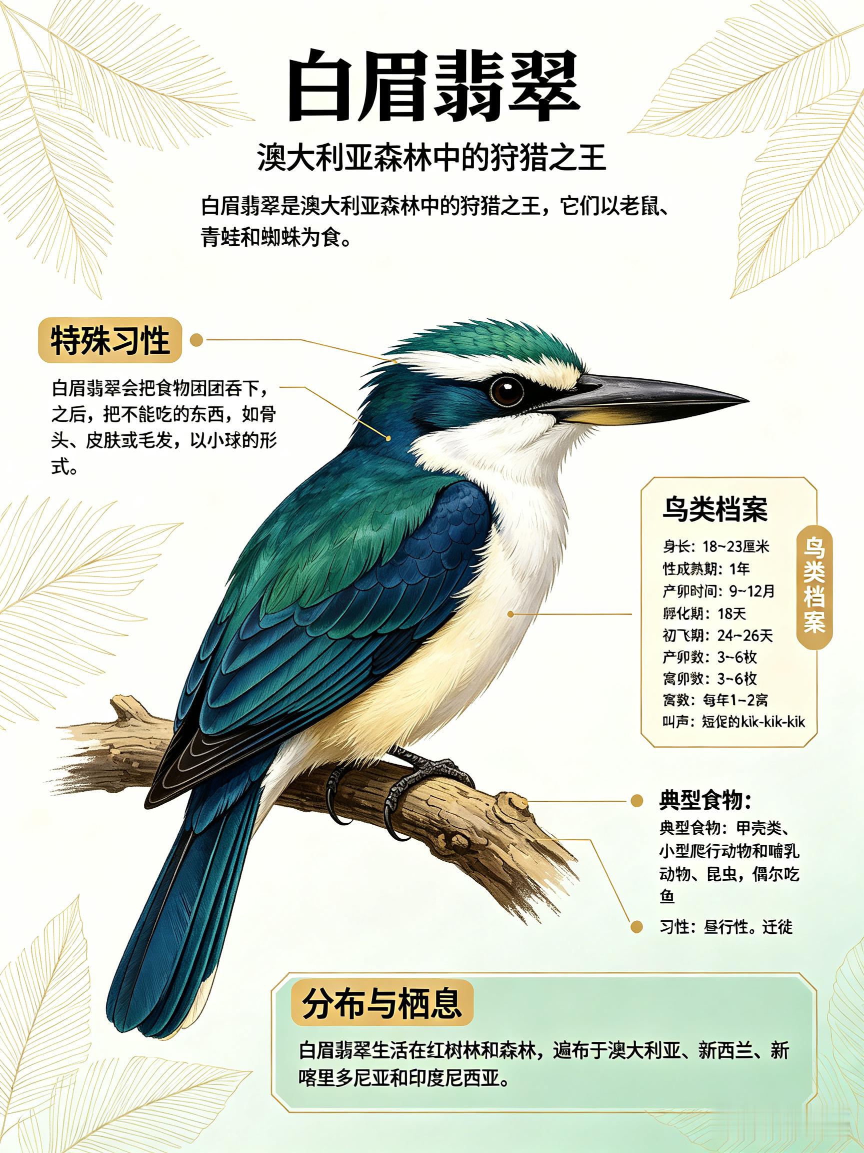 鸟类朋友图鉴 白眉翡翠白眉翡翠是澳大利亚森林中的狩猎之王，它们以老鼠、青蛙和蜘蛛