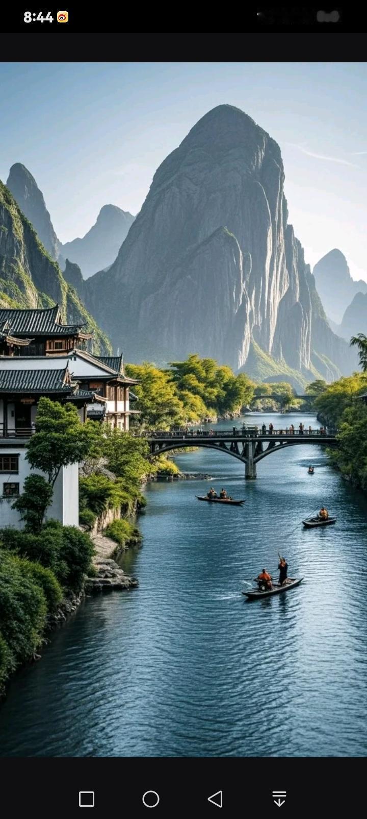 青峰如剑刺破云天，碧江似练绕山而行，乌篷船摇着渔歌轻划水面，古桥连起两岸烟火，白