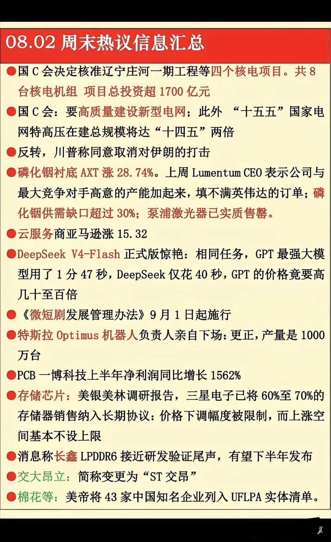 周末多条热点消息覆盖核电、特高压、磷化铟、AI大模型、存储芯片、机器人等多个赛道