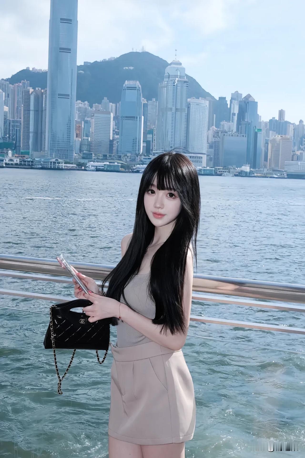 都市女孩在维多利亚港边，时尚穿搭，享受美好时光