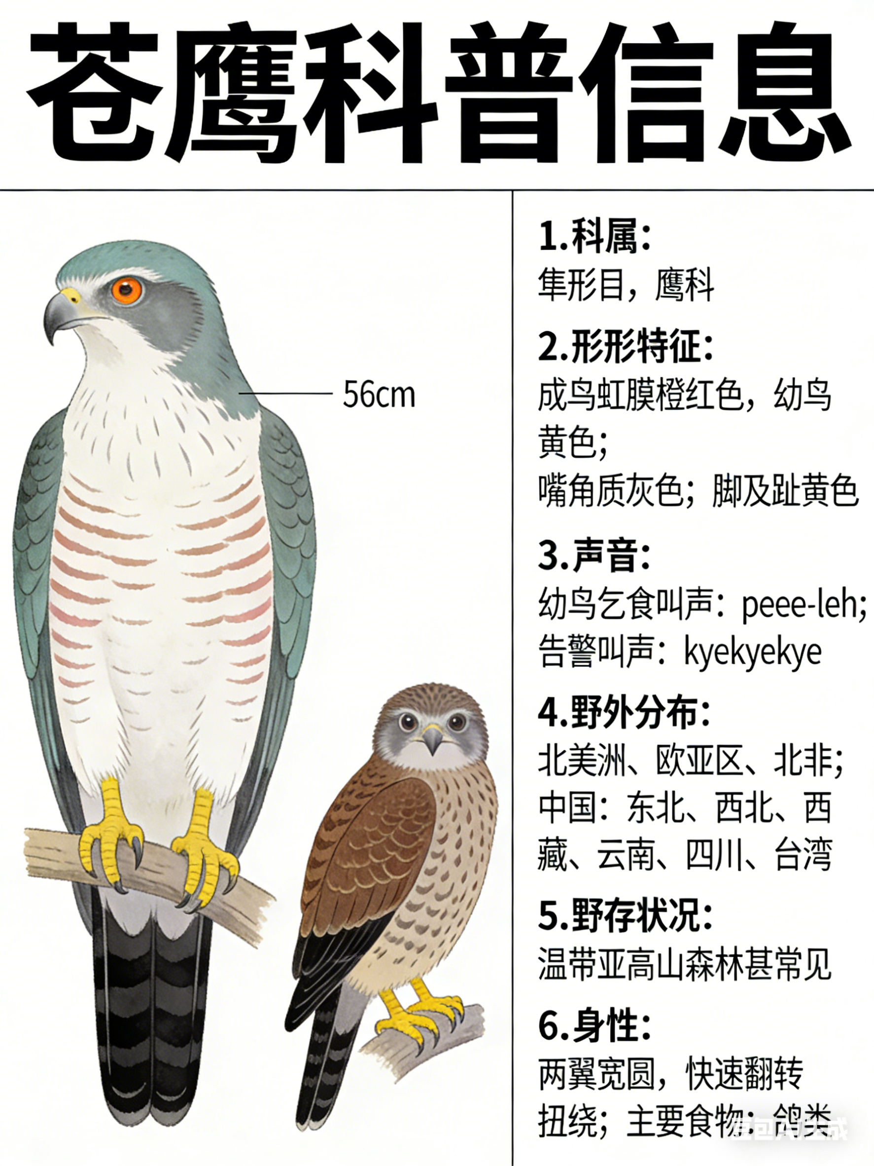 鸟类朋友图鉴 苍鹰·科属：隼形目，鹰科。·外形特征：体型较大（56cm）而强健的