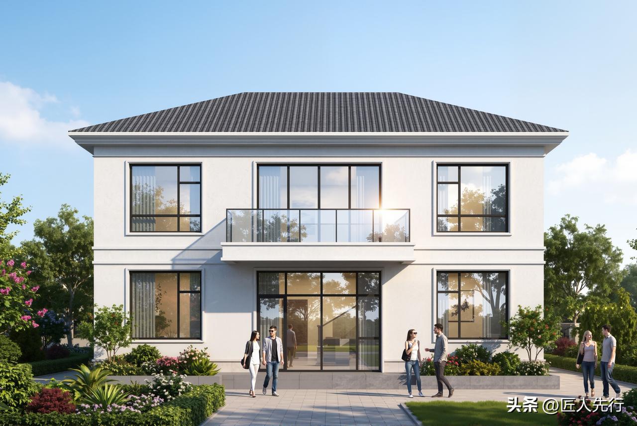 乡村自建房设计！
这栋两层自建房外观简约大气，干净白色外墙搭配深色坡屋顶，经典耐