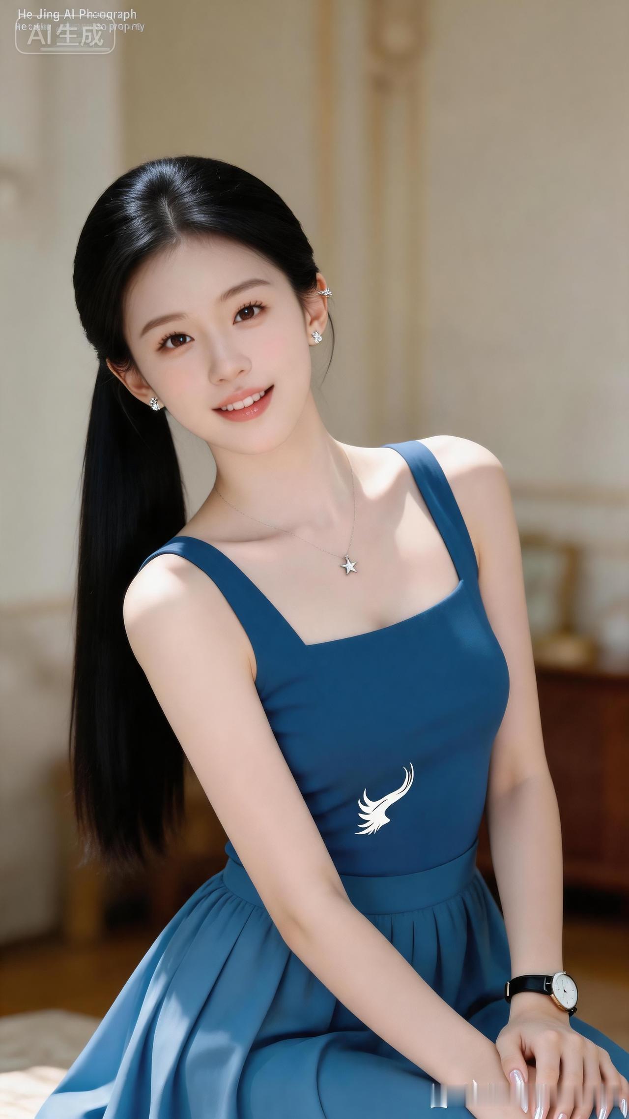 20岁美女着克莱因蓝无袖高领上衣与大摆裙，静坐复古室内。冷白肌肤似羊脂玉，微卷黑