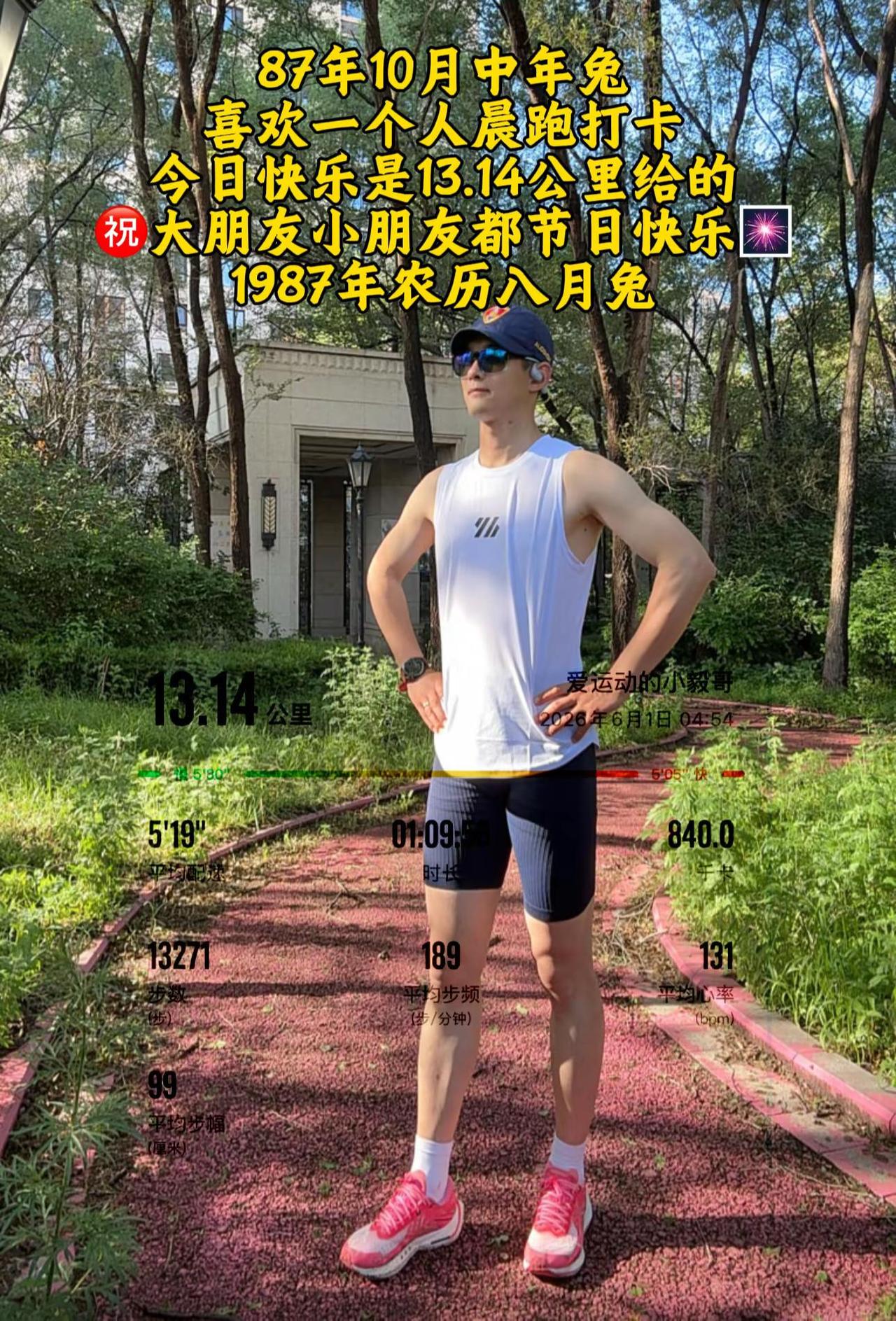 生于1987，属兔，已然中年独自晨跑，解锁13.14快乐赛道收获今日份满心欢喜童