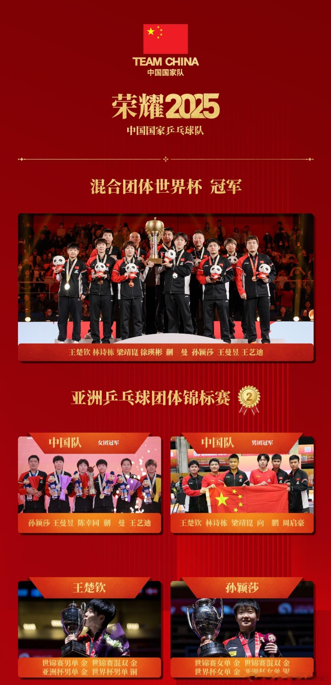 荣耀属于每一个拼搏的运动员，图片里是他们为国家、为国家乒乓球队、为乒乓球协会赢得