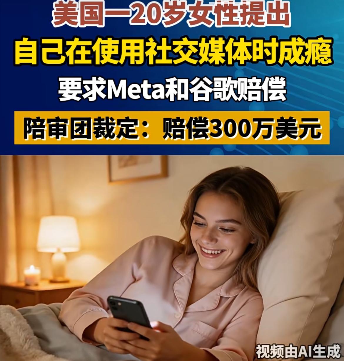 美国20岁女孩因对社交媒体上瘾，向谷歌和meta公司索赔，陪审团判两家公司共赔偿