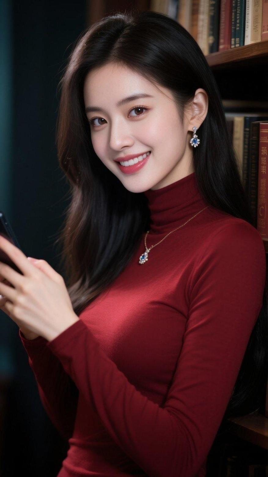 甜美笑容，优雅红衣，书香气息，手机相伴，完美一天！📱💄📚