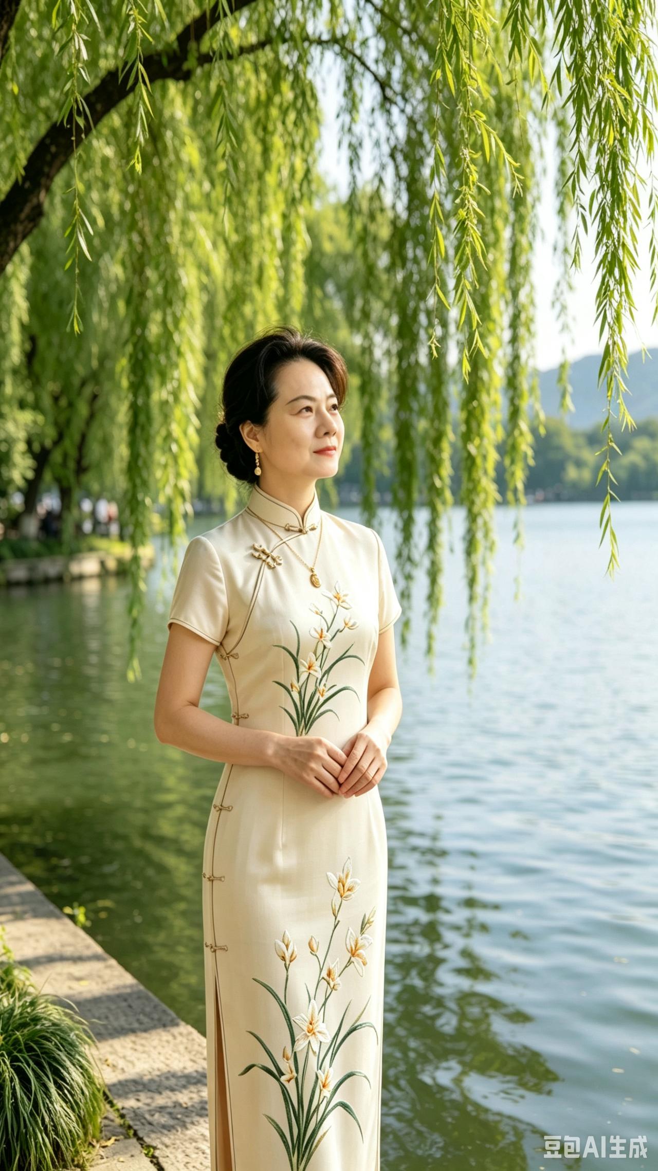 湖边垂柳舞风飘，青春少女姿容俏。
面若银盘身窈窕，静静伫立侧耳瞧。
一袭清韵气质