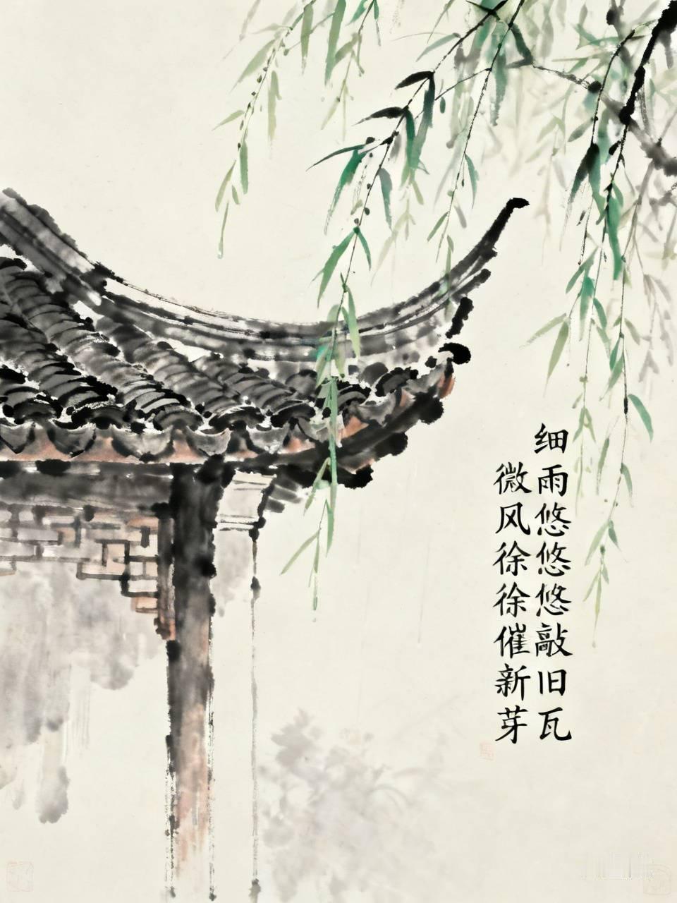 下联：微风徐徐催新芽。