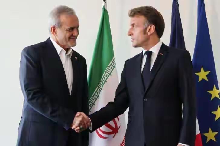 佩泽希齐扬和马克龙握手，他笑得很灿烂，马克龙面无表情，两人默契度不高。