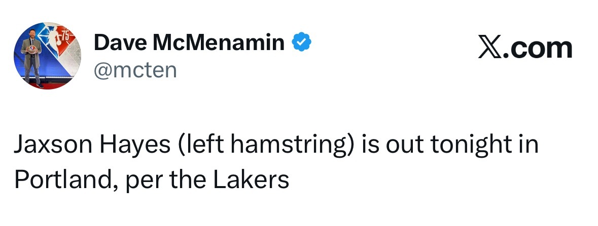 海斯因左腿筋伤势，将缺席与开拓者的比赛。 