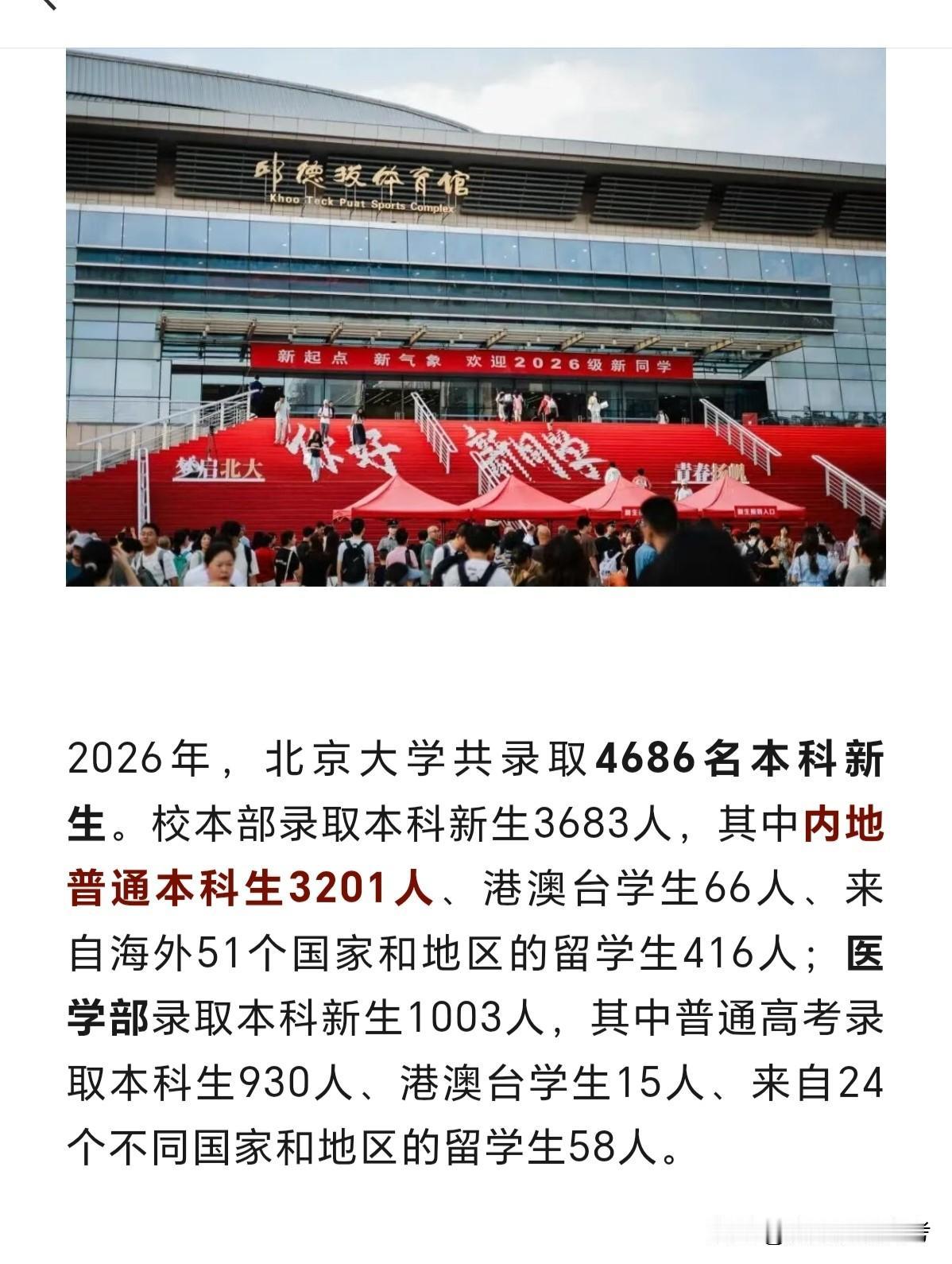 北京大学2026年共录取本科新生4686人，留学生474人，占比超过10％。作为