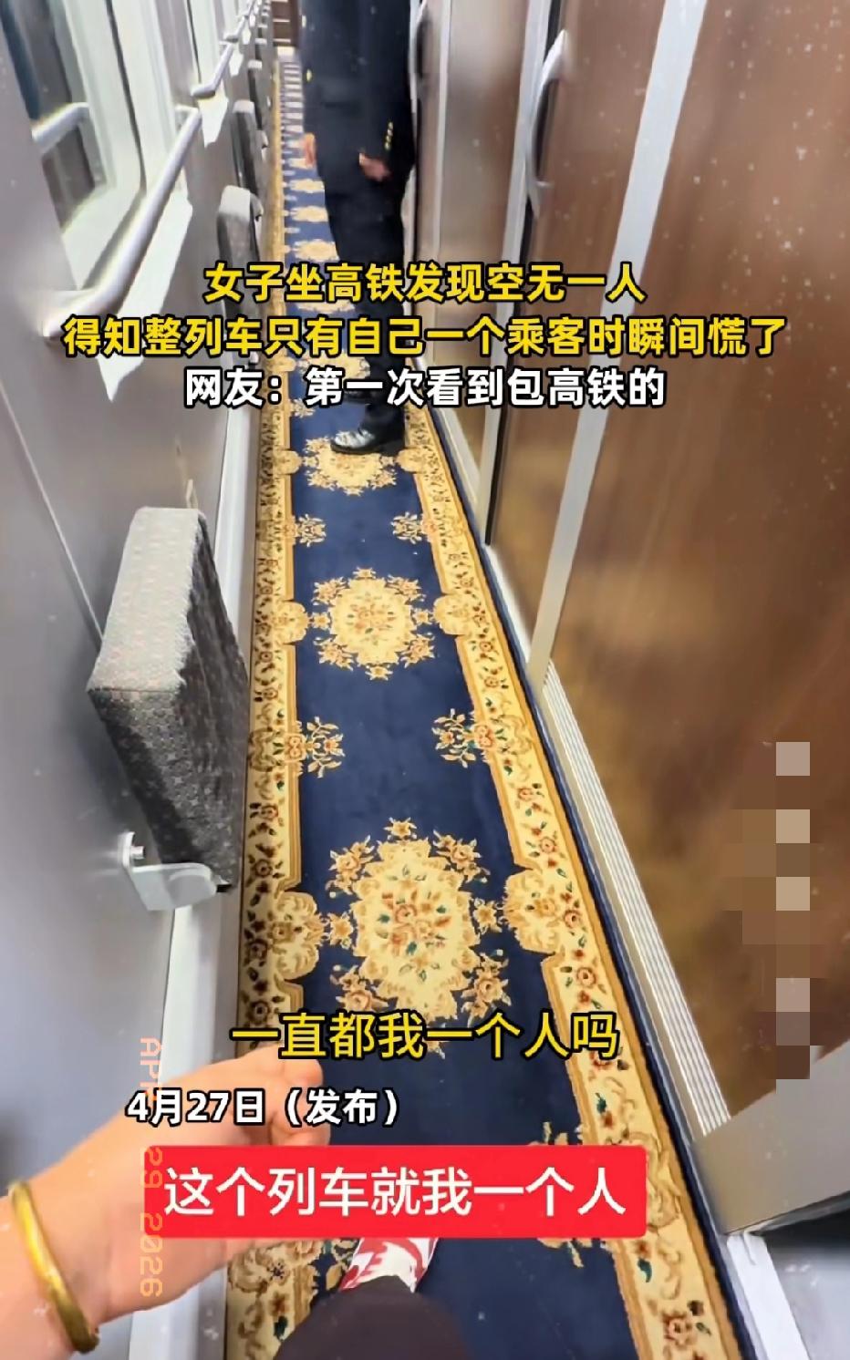 近日，一女子搭乘高铁出门，一上车直接愣住了——整列车空空荡荡，连个鬼影都没有！她