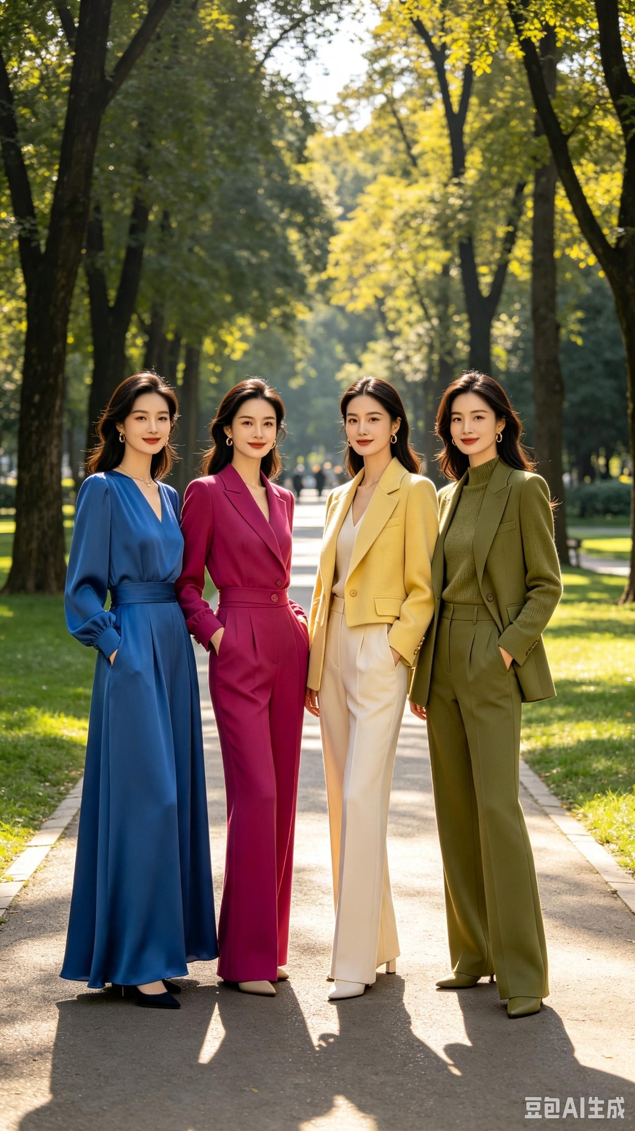 四姝游园
四位佳人立翠园，身姿婀娜近云巅。
彩衣交映风光媚，丽影共书锦绣笺。
七