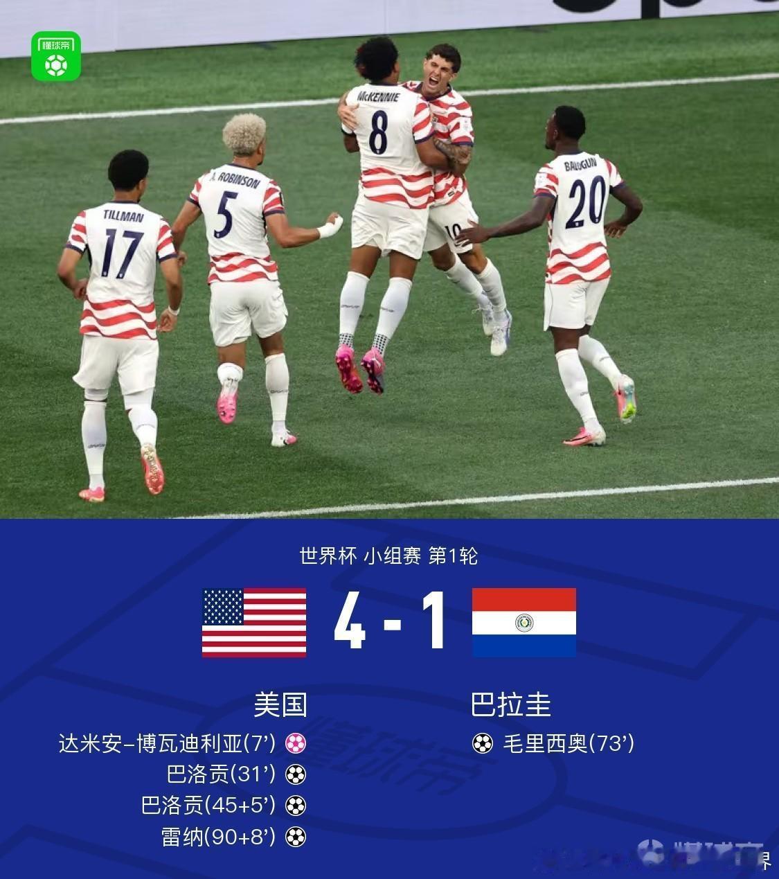 美国4比1巴拉圭北京时间6月13日世界杯小组赛 第1轮，美国对阵巴拉圭。上半场，