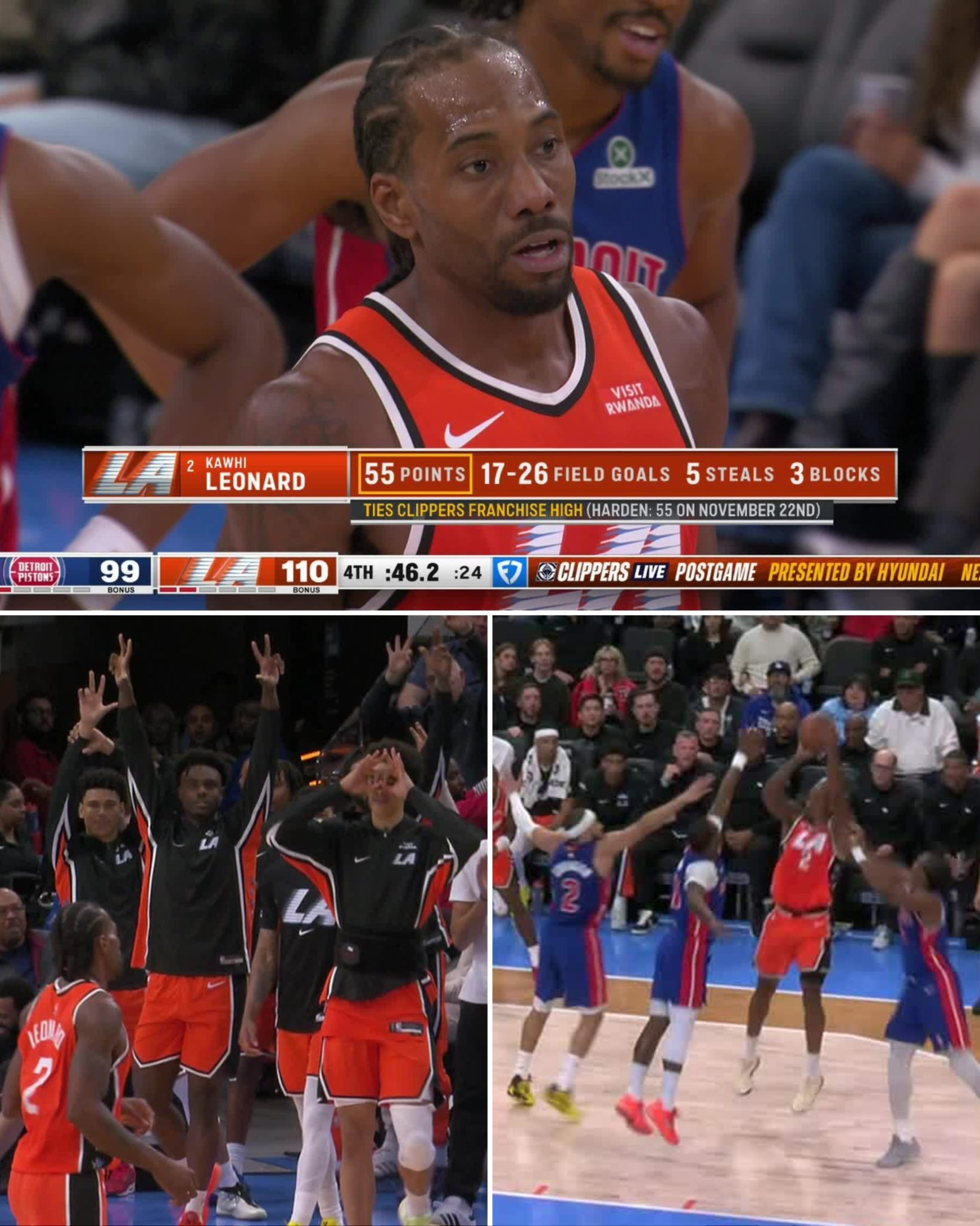 妈耶，小卡拿了55分啊，快船4连胜了伦纳德巅峰一战