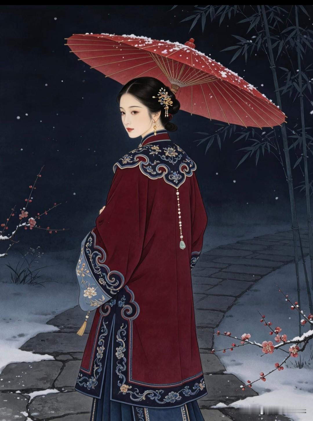 红伞承寒雪，踏雪候梅归
焕然一新朱影入寒烟仕女图分享
仕女红妆 红伞仕女