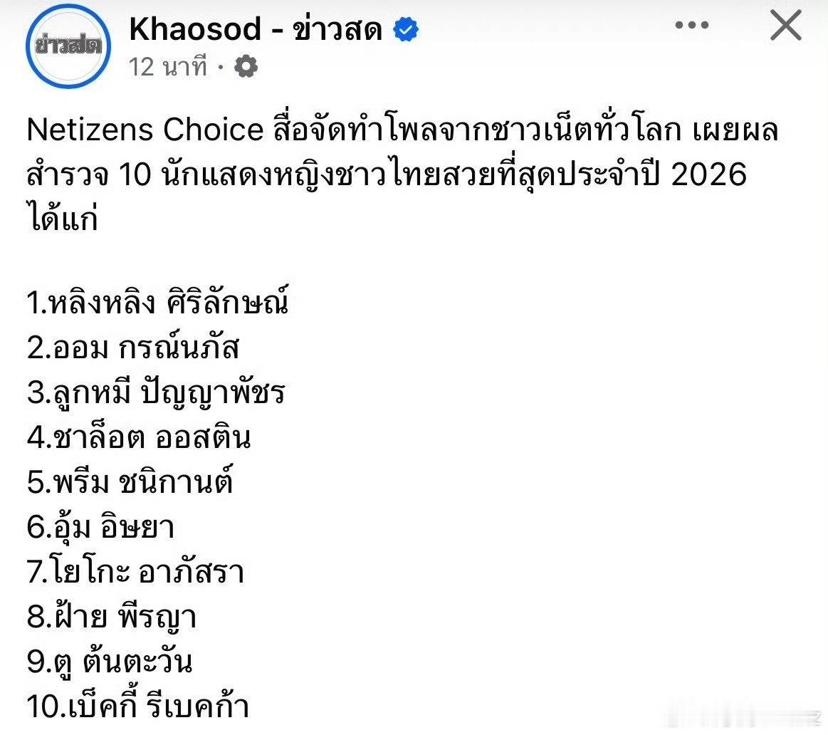 Netizens Choice 媒体面向全球网友发起投票，公布了2026年度最美
