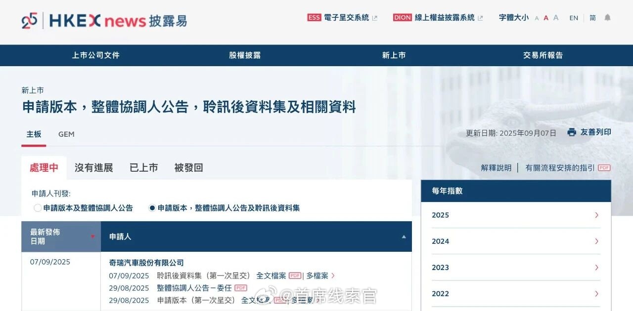 奇瑞正式通过香港联合交易所有限公司聆讯。上市聆讯属于企业 IPO 流程中“审核阶