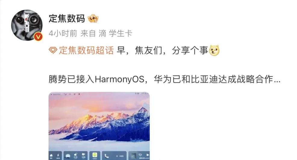 网友分享的信息，据说腾势已经接入HarmonyOS，华为和比亚迪达成战略合作。
