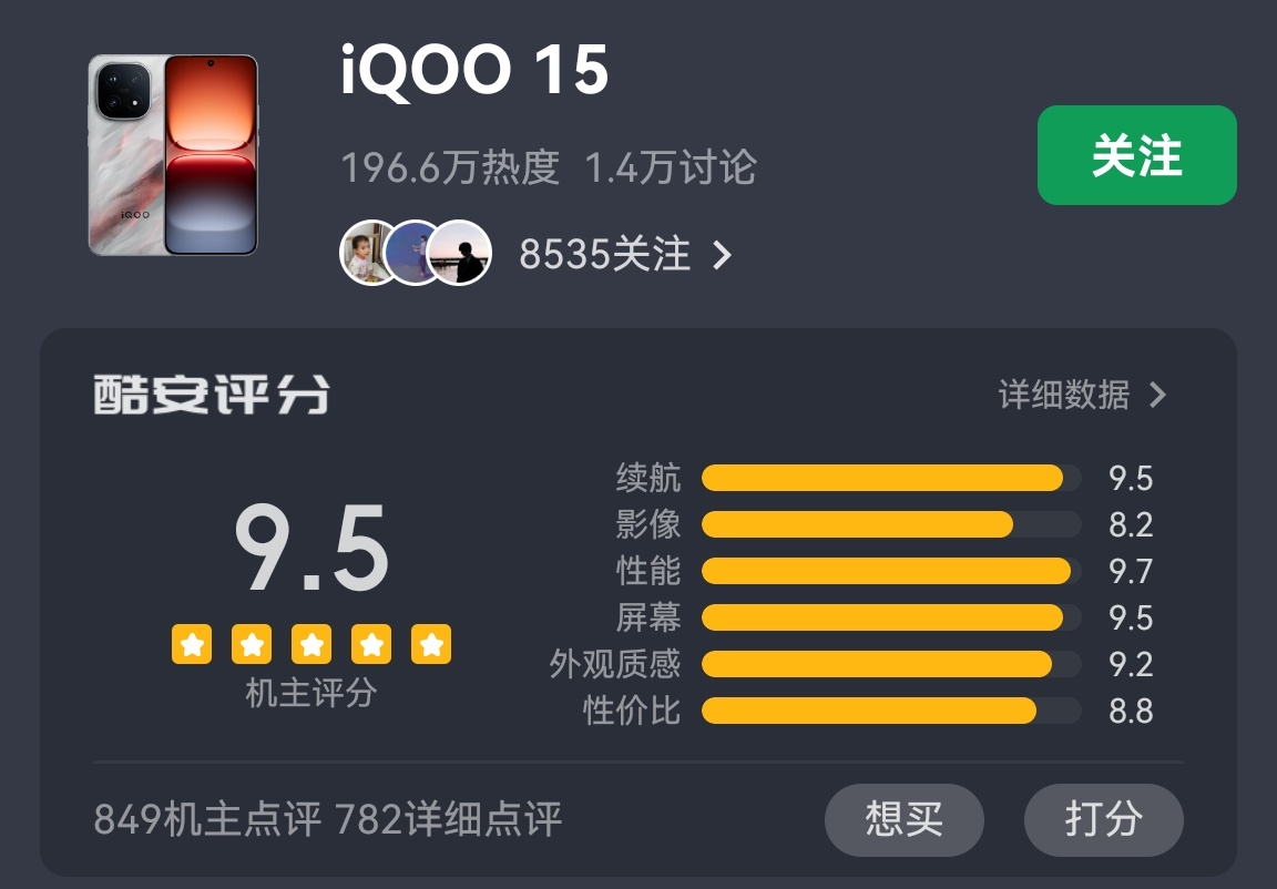 最近发布的子品牌旗舰酷安评分一览，iQOO15＞一加15＝真我GT8 Pro＞R
