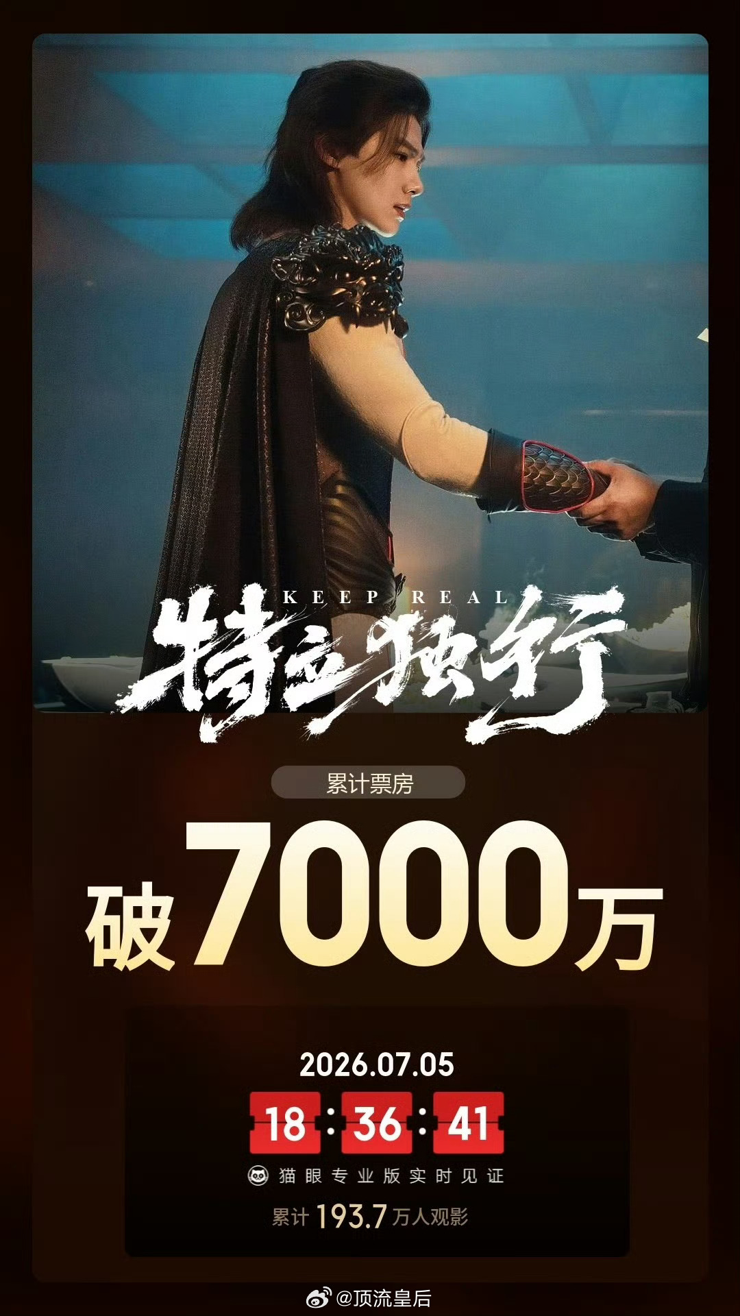 白敬亭主演的电影特立独行上映3天票房破7000万啦，小白号召力这块儿稳的，影视都