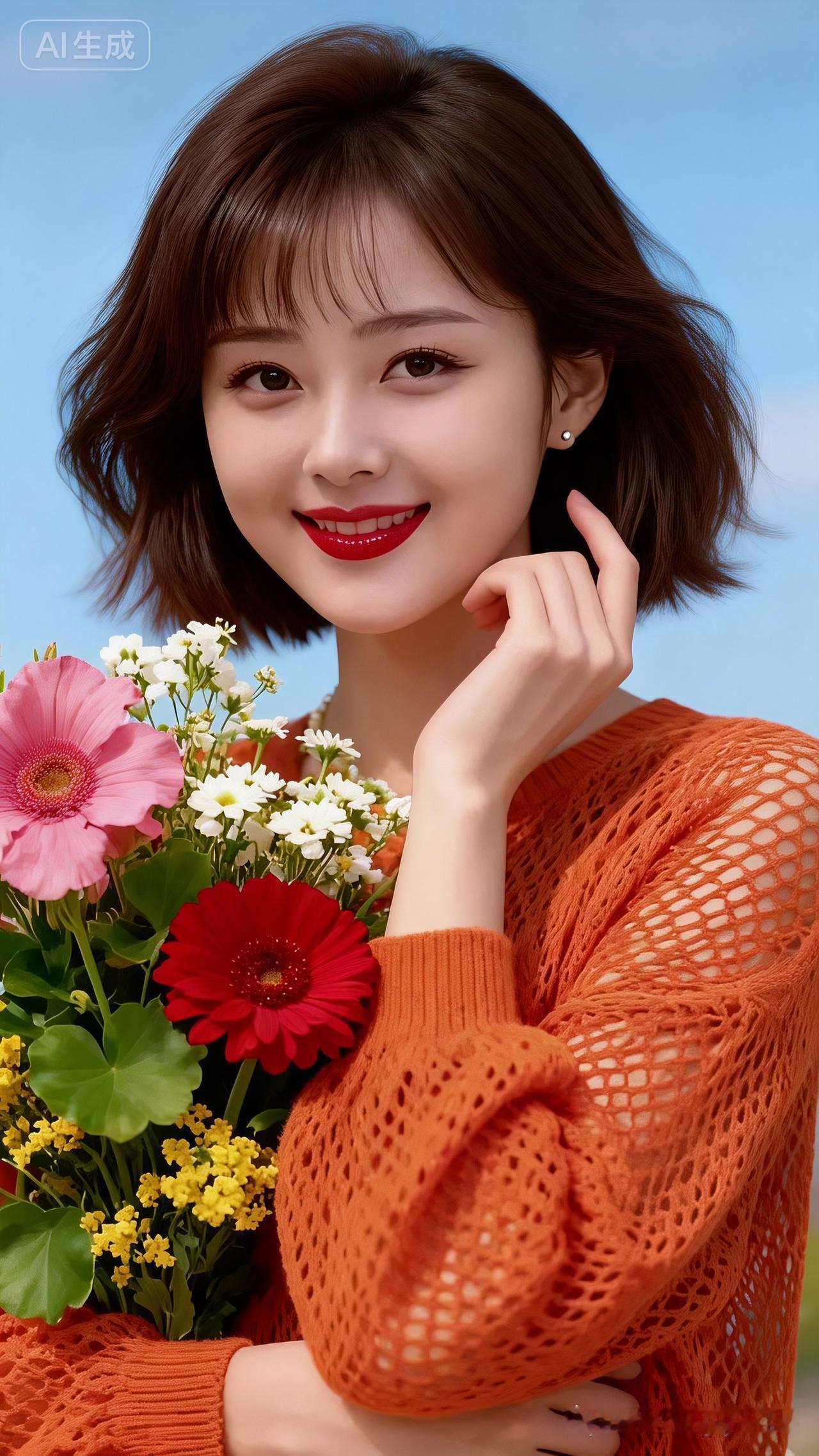 温柔甜美的东亚女性，深棕色齐肩短发蓬松自然，空气刘海轻盈。暖橙色镂空针织衫，怀抱